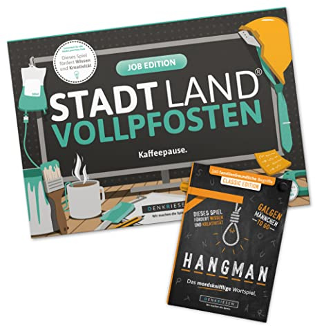 DENKRIESEN Spar-Set | Stadt Land VOLLPFOSTEN Job & Hangman Classic | Zwei Wortspiele und Rätselspiele mit abwechslungsreichen Kategorien für Arbeit, Freizeit und Reisen.