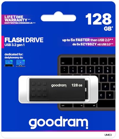 goodram USB-Speicherstick mit 128GB UME3 - USB 3.0 DatenSpeicherung Pen Drive - Lesegeschwindigkeit bis zu 60 MBs - mit Anti Rutsch Memory Stick - USB Flash Laufwerk Schwarz 10,3 x 12,3 x 1,2 cm