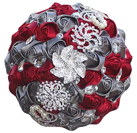 Flonding Hochzeitssträuße mit Kristall-Satin-Rose, Brautstrauß, Brautjungfer, hält Blume für Party, Kirche, Dekoration (dunkelrot grau)