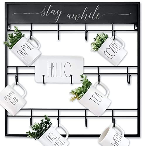 Soporte grande para tazas de pared (23 pulgadas/negro), soporte para tazas de café con 13 ganchos, organizador de cocina negro y colgador de almacenamiento