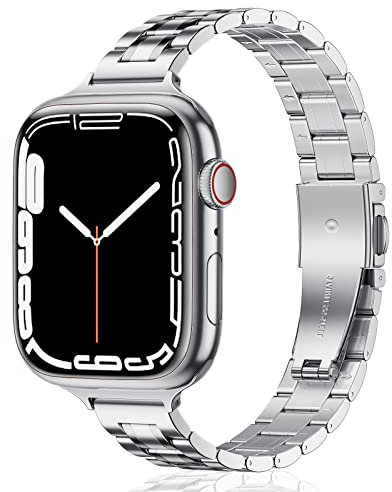 HEKAI Metal Straps Compatible with Apple Watch Strap 40mm 41mm 38mm, Slim Small Adjustable Stainless Steel Replacement Band iWatch Ultra Series 8/7/6/5/4/3/2/1,SE(38mm 40mm 41mm, Silver)