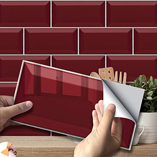 Hiser 27 Pièces Rectangle Adhésive Décorative à Carreaux pour Salle de Bains et Cuisine Stickers Carrelage, Motif Briques Imperméables 3D Adhésive Décoration (Rouge,20 x 10 cm)