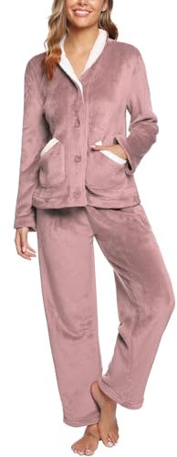 iClosam Pyjama Flanelle Femme Chaud Ensemble de Pyjama en Polaire Col V Vêtements de Détente avec 2 Poches Vêtements de Nuit Hiver à Manches Longues