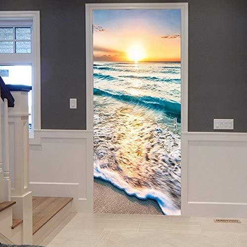 A.Monamour Sticker Porte Autocollant Poster de Porte 3D Coucher De Soleil Océan Bleu Mer Océan Vagues Sable Plage Nature Paysage Vinyle Affiche de Porte Sticker Mural Papier Peint Art Décor 77 x 200cm