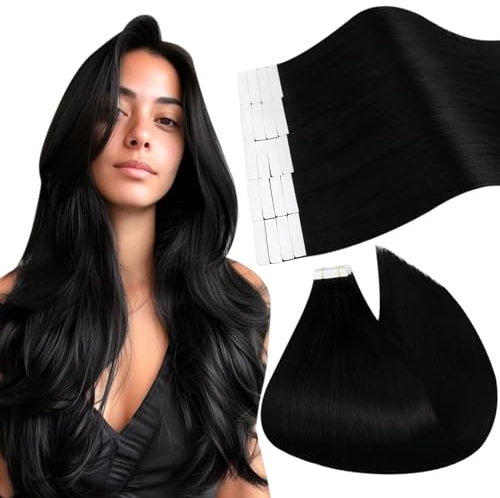 Ugeat Extensions Echthaar Tapes 45cm Gerade Schwarz Unsichtbare Tape in Extensions Echthaar Schwarz #1 für Frauen 20 Stück 50g