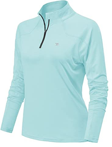 YSENTO Damen Sportshirt Langarm Laufshirt Schnelltrocknend T-Shirt Fitness Yoga Training Langarmshirts mit 1/4 Reißverschluss(Himmelblau,M)