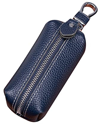 ihreesy Schlüsseletui aus Rindsleder,Multifunktional Auto Schlüsseltasche Schlüsselmäppchen Schlüsselhalter Münzgeldbörse Damen und Herren Auto-Schlüssel-Anhänger mit Reißverschluss,Blau