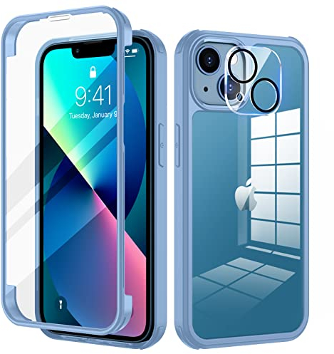 seacosmo für iPhone 13 Hülle mit eingebautem Panzerglas Displayschutz und Kamera Schutzfolie [9H HD], 360 Grad Handyhülle Ganzkörper Stoßfeste iPhone 13 Case - Blau