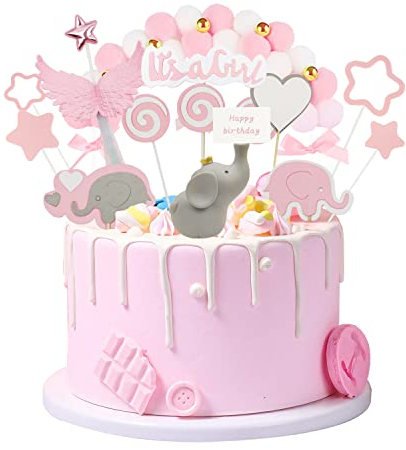 OMIGA 21 Stück Tortendeko Taufe Elefante Kuchen Zubehör für Mädchen Baby Rosa Bogenstern - Kindergeburtstag Babyparty (Rosa)