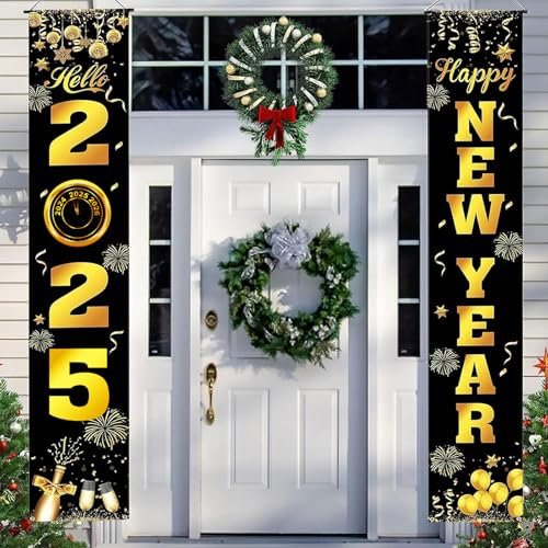 Silvester Deko 2025, Happy New Year Banner, 2 Stück Neujahr Veranda Zeichen, Tür Banner aus Polyester für Party Zuhause Wand Innen Außen Dekoration
