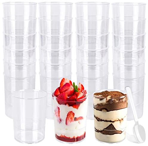 Dessertbecher Plastik, 50 Stück 100ml Fingerfood Becher Mit Löffeln, Runde Dessertschalen, Mini Desserttasse für Pudding Mousse Party