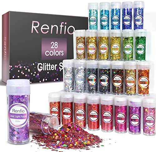 Renfio 28 Colors Holographic Chunky Glitter Set, 9.87oz 280g Chunky Glitter Sequins PET Flakes Mixed Fine Glitters for Crafts, Nail Art, Tumber, Hair, Slime, Festival Decoration