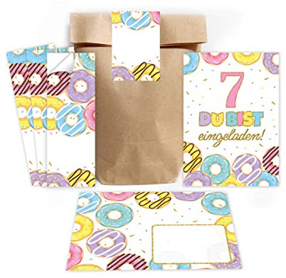 Minkocards 12 Einladungskarten zum siebten Kindergeburtstag 7. Geburtstag Mädchen Donuts incl. 12 Umschläge, 12 Partytüten/natur, 12 Aufkleber Einladungsset
