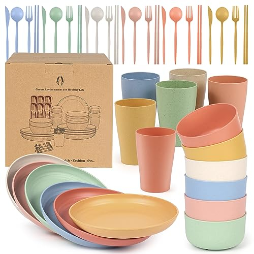 Czemo Vajilla de camping 6 Personas, Juego de Platos Camping Platos y Cubiertos Kit de Camping con Platos, Cuencos, Tazas, Tenedores, Cucharas para Picnic Senderismo Trekking