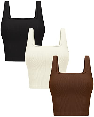 OLCHEE Women's 3 Pack Crop Tank Tops - Seamless Ribbed Sleeveless Square Neck Yoga Gym Shirts, Black Brown Beige Medium