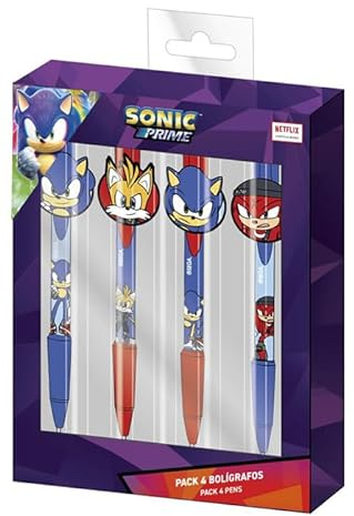 Pack di 4 Penne di Sonic - Include 2 Penne Blu e 2 Penne Rosse - Set Penne Colorate con i Personaggi della Saga - Fabbricato con 60% Plastica e 40% Gomma - Prodotto Originale Elaborato in Spagna
