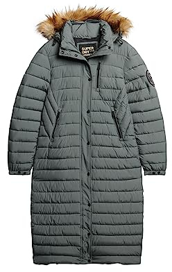Superdry Damen Lang geschnittener Fuji Steppmantel mit Kapuze Balsam Grün 38
