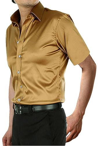 Chemise Habillée De Luxe en Soie Violette pour Hommes, Chemises D'été en Satin Lisse À Manches Courtes Gold Asian Size XXL