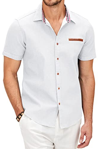 COOFANDY Men's Short Sleeve Denim Shirt Button Up Western Cowboy Casual Jean Shirts Summer Cotton Regular Fit Work Outdoor Beach Wear White XL