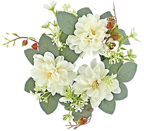 Baoblaze Kerzenring Blumen, Kerzenringe für Stabkerzen Blumen, Blumenring für Stabkerzen, Blumenkerzenringe Kränze, Künstliche Rose Kerzenkranz, Kerzenring Eukalyptus für Tische Party, Weiß