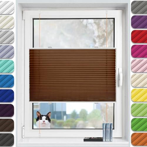 Plissee ohne Bohren Plissees Klemmfix 60 x 80 cm Schallschutz Sicht- und Sonnenschutz Jalousie Faltrollo Blickdicht, inkl Befestigungsmaterial, für Fenster & Tür, Braun