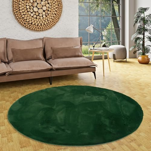 Pergamon Luxus Super Soft Kunst Fellteppich Plush Rund Grün Tannengrün | Super Flauschig | Wohnzimmer Schlafzimmer Kinderzimmer