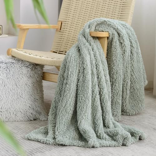 HORIMOTE HOME Ultraweiche, gemütliche Fleece-Sherpa-Überwurfdecke, leicht, warm, dekorative Überwurfdecke, salbeigrün Muster, wendbar, Boho-Decke für Sofa, Couch, Schlafzimmer, Reisen, 127 x 152 cm