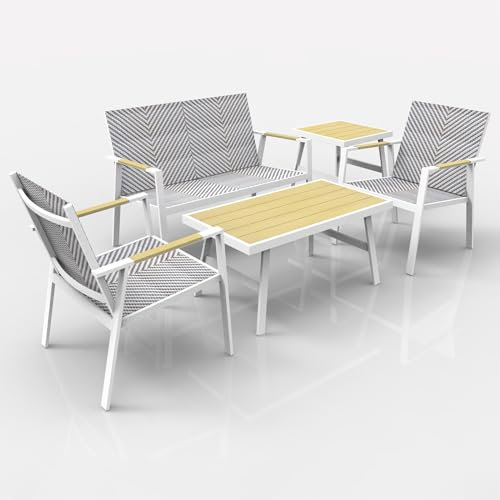 RANSENERS Premium 5tlg-Set Gartenmöbelset - Sofagarnitur mit Vollem Aluminium Rahmen und Polyrattan Sitzfläche für Garten Terrasse und Balkon (Weiß)