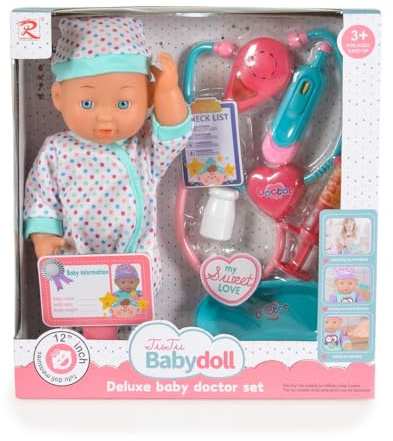 Moni Kinderpuppe 31 cm Stethoskop, Arztzubehör, Arztausweis, mit Geräuschen bunt