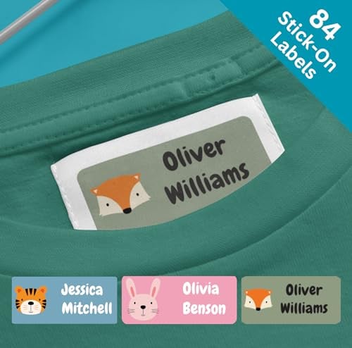 QuoteMyWall 84 Stick On Washable Clothing Labels for Children's School Uniform Clothes | No Iron Personalised Name Sticker Tags Kids, Customised Peel & Stick for Stationery (Pink)