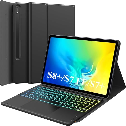 Earto Lenovo Tab P12 Tastiera Smart Touchpad, Tastiera Magnetica Rimovibile con Custodia per Lenovo Tab P12 12.7 pollici 2023, Illuminazione a 7 colori, Layout Tedesco QWERTZ, Nero