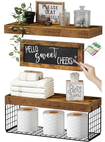 QEEIG Étagères de salle de bain au-dessus des toilettes - Rangement mural pour papier - Décorations de ferme - Tableau noir - Petite étagère flottante - 40,6 cm - Marron rustique (021BN)