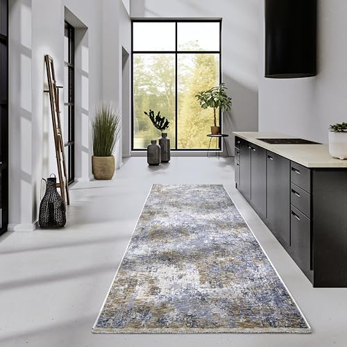 Villeroy & Boch Kurzflor Teppich Joseph - Vintage Wohnzimmerteppich - Moderner Fransenteppich für Wohnzimmer, Schlafzimmer, Esszimmer, Flur – Blau Creme, 80x190cm