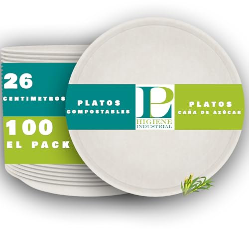 Prieto Larrey - Platos Ecológicos de Caña de Azúcar - Biodegradables y Reciclables - Aptos para microondas - Ideales para eventos y fiestas - Resistentes y Reutilizables (26 cm, 100, unidad)