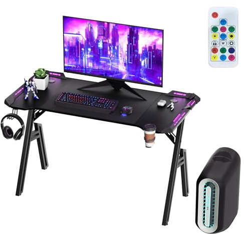VA-Cerulean Gaming Tisch Schreibtisch mit LED, 120 x 60 cm PC Kohlefaseroberfläche Tisch inkl. Getränkehalter & Kopfhörer Haken, Einfache Montage, Höhe 73cm, Schwarz
