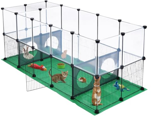 JUNGLE STONE Kaninchen-Laufstall, Meerschweinchenkäfig, eine Tür Design für Kleintiere, Hasen, Welpen, Kätzchen, Igel, DIY, erweitert, Übungszaun mit Matte, 153 x 64 x 64 cm (36 Paneele)