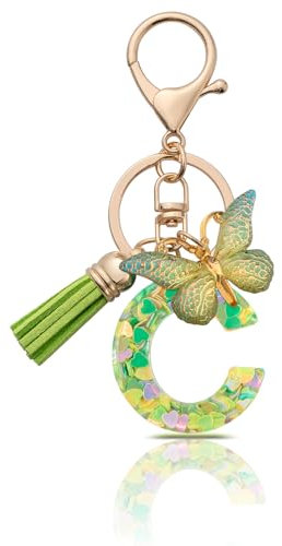 MORSUNBELA Porte-clés avec lettre de l'alphabet - Porte-clés pour fille - Lettre initiale - Papillons - Pour femme, Vert-C., S