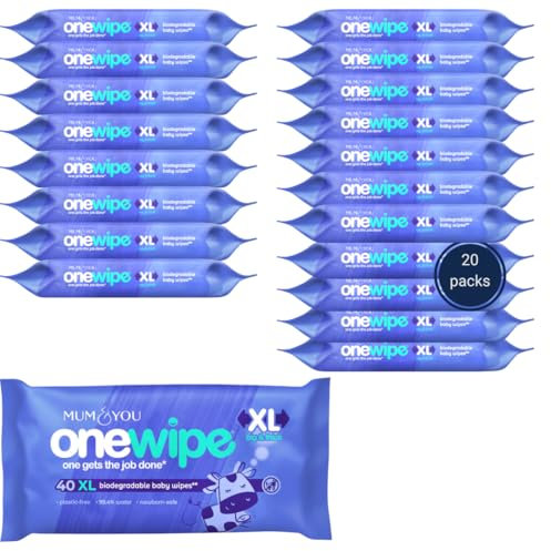 Mum & You Onewipe Baby Wipes Multipack, 100% Biodegradable Wet Wipes (20 Packs= 800 wipes), 99.4% Water Wipes for Sensitive Newborn Skin, 30% XL Wet Wipes Adults, Eco-Friendly Water Wipes baby