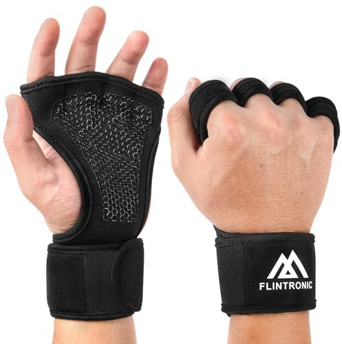 flintronic Offene Trainingshandschuhe, Fitness Handschuhe Herren Damen mit Integrierten Handgelenksmanschetten und Vollflächiger, Trainingshandschuhe für Training, Klimmzüge, Calisthenics (L)