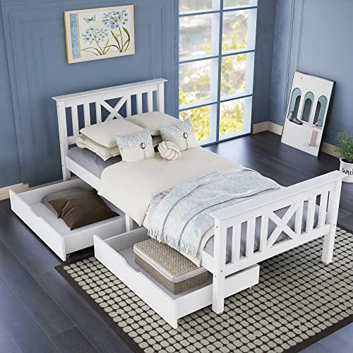 Merax Single Bed Wooden Frame with Storage, White Solid Pine Storage Bed with 2 Drawers, Wood Slat Support, for Adults, Kids, Teenagers, White, 90x190cm