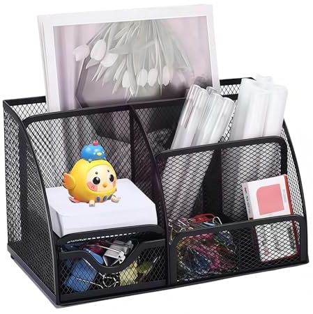 Sinxioer Schreibtisch Organizer,Bleistifthalter auf dem Schreibtisch, Stifte organizer schwarz, 7 Stifte organizer mit schubladen,Stiftehalter Metallgewebe,ZF1016 Büro organizer