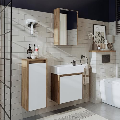 ROOMART Badmöbelset 50cm Unterschrank mit Waschbecken Badezimmer Möbel Gäste WC (4-teiliges Badmöbelset, weiß Eiche)