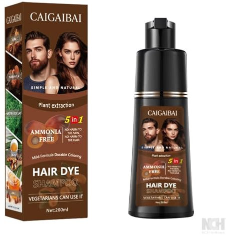 Champú 5 en 1 para Cabello - Tinte CASTAÑO OSCURO Instantáneo - Ginseng y Aceite de Argán - Sin Amoniaco - 200ML - Para Cubrir Canas - Tinte para el Cabello