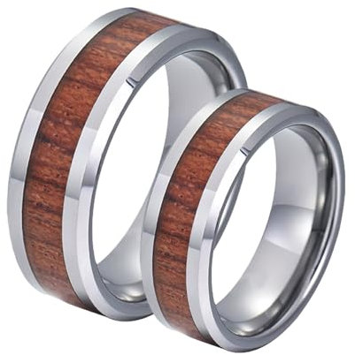 Ehering Nordisch, Eheringe Silber Set 2 Stück Wolfram 8mm Silber Holzring Abgeschrägte Kante Bandring Damen 65 (20.7) Herren 60 (19.1) für Paare