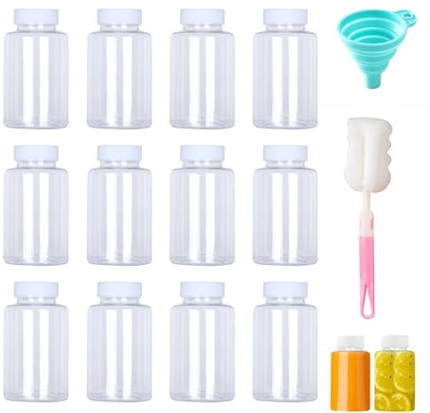 MQWDGJ Plastic Juice Bottles With Lids, 12 Pcs Reusable Bulk Beverage Containers, 100ml Mini Fridge Bottles for Smoothies Juice Milk Water and Other Beverages