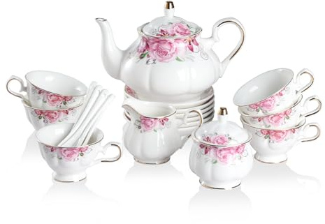 Sweejar Porzellan Tee-Set, Vintage British Floral Relief Gold Rimmed Teekanne Tasse und Untertasse Set, Teeservice für 6, mit Teekanne, Zuckerdose, Milchkännchen, Löffeln, Teetasse und Untertasse