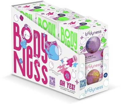 BODYNESS Bath Bomb Galaxy 6er Pack - 6 Badekugel in Planetenform, schimmernde Badebomben für Hautpflege und Entspannung mit blumigem Duft & Argan-Öl, 6x 165g