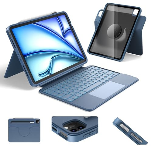 HOU Clavier Rotative pour iPad Air 11 (M3/M2) 2025, Coque Magnétique Détachable avec Clavier pour iPad Pro 11 (4e/3e/2e/1re Gén) et Air (7e/6e/5e/4e Gén), avec Pavé Tactile, Rétroéclairage - Bleu