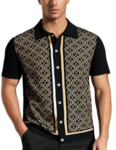Duohropke Poloshirt Herren 70er Jahre Vintage Shirts Contrast Gestrickte Polohemd Muster Cardigan Sommer Golfshirts Atmungsaktives Strickhemden Button Down Kleidung Jacquard Oberteile