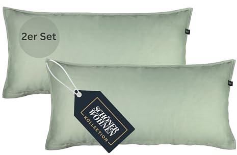SCHÖNER WOHNEN 2er Set Satin Kopfkissenbezug 40x80 Baumwolle - Grün - 2teilig - Luxus Kopfkissenbezüge weich & atmungsaktiv - Doubleface - farblich passend zur Bettwäsche mit Reißverschluss